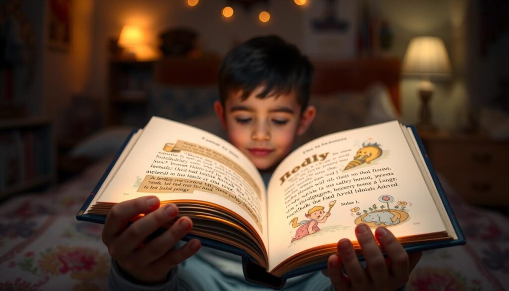 A personalized storybook scene, filled with warmth and imagination. In the foreground, a child's hands hold open a magical tome, its pages glowing with vibrant illustrations. The middle ground depicts the child, their face alight with wonder, immersed in the captivating narrative. In the background, a cozy, softly lit room unfolds, hinting at a comforting, nurturing environment. The overall atmosphere radiates a sense of personal connection, as if the child is the protagonist of their own enchanting tale.