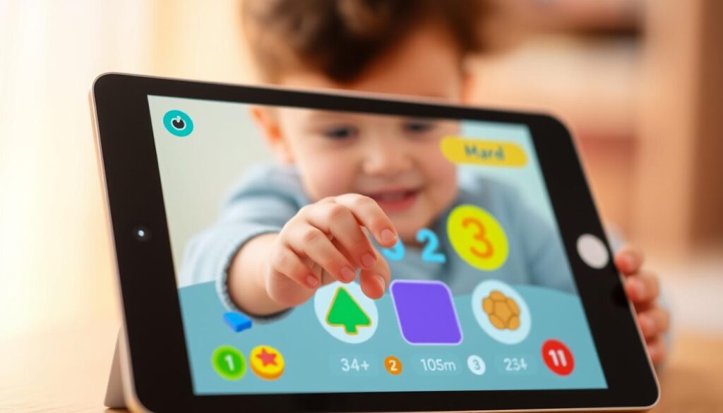 A playful and educational scene depicting a variety of age-appropriate mobile apps for learning numbers. In the foreground, a tablet displays a colorful, interactive game with geometric shapes and numerals. In the middle ground, a child's hands gently interact with the tablet's touchscreen, engaged in the dynamic, animated lessons. The background features a soft, blurred pastel gradient, suggesting a serene and nurturing environment conducive to focused learning. The lighting is warm and diffused, evoking a sense of comfort and safety. The composition emphasizes the tactile, hands-on nature of the educational experience, capturing the joy and wonder of a young mind exploring numerical concepts through digital tools designed with developmental stages in mind.