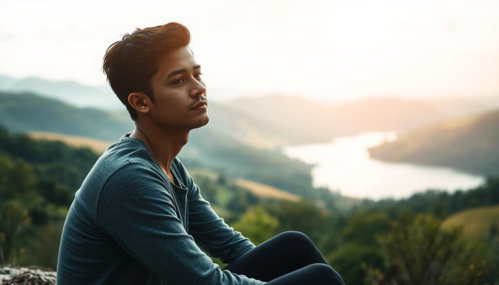 A serene and introspective scene depicting the development of emotional intelligence. In the foreground, a person sits in a thoughtful pose, their expression one of quiet contemplation. The middle ground features a lush, natural landscape with rolling hills and a tranquil lake, symbolizing the nourishing environment for emotional growth. The background is bathed in soft, warm lighting, creating an atmosphere of comfort and self-reflection. The overall composition conveys a sense of inner peace, self-awareness, and the journey of cultivating deeper emotional understanding.