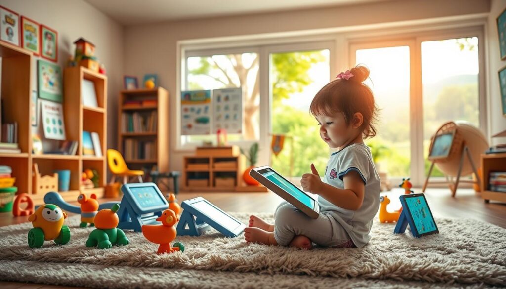A serene classroom setting where a young child, Lunesia, is deeply immersed in a vibrant digital world, her eyes filled with wonder and curiosity. The foreground features Lunesia sitting cross-legged on a plush rug, surrounded by an array of educational toys and interactive tablets. The middle ground showcases a well-stocked bookshelf and engaging educational posters on the walls, while the background depicts a large window overlooking a lush, verdant landscape, bathing the scene in warm, natural light. The overall atmosphere conveys a sense of learning, discovery, and the seamless integration of technology and traditional educational elements, reflecting the "Lunesia: The Guilt-Free Screen Time Solution" concept.
