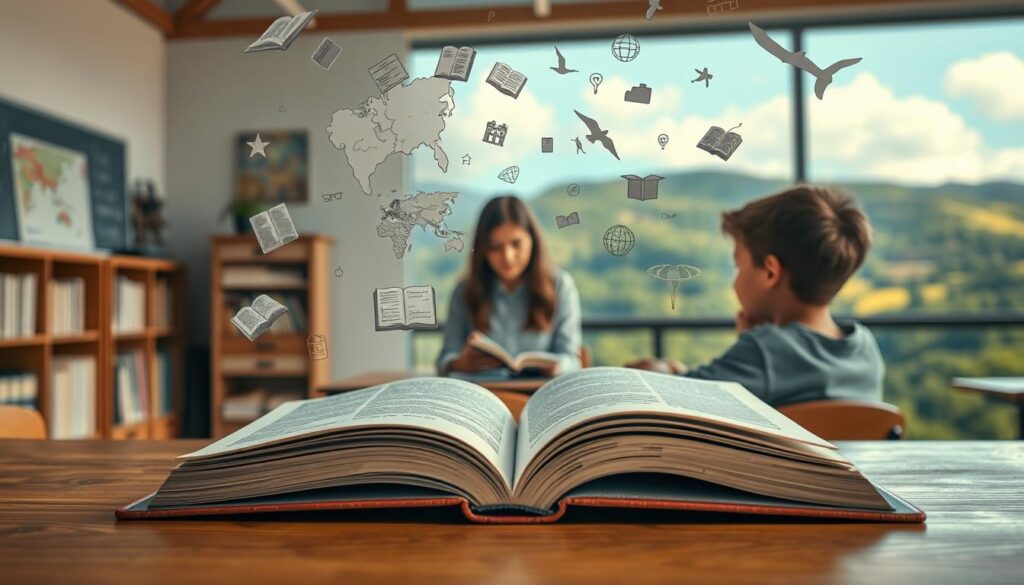 A serene classroom setting with an open book on a wooden desk, illuminated by warm, natural lighting. In the foreground, a student engaged in thoughtful study, surrounded by a collage of storybooks, maps, and linguistic elements suspended in the air, hinting at the immersive, narrative-driven approach to language learning. The middle ground features an attentive teacher guiding the student, while the background showcases a panoramic view of a lush, verdant landscape, suggestive of the holistic, contextual nature of this pedagogical method.
