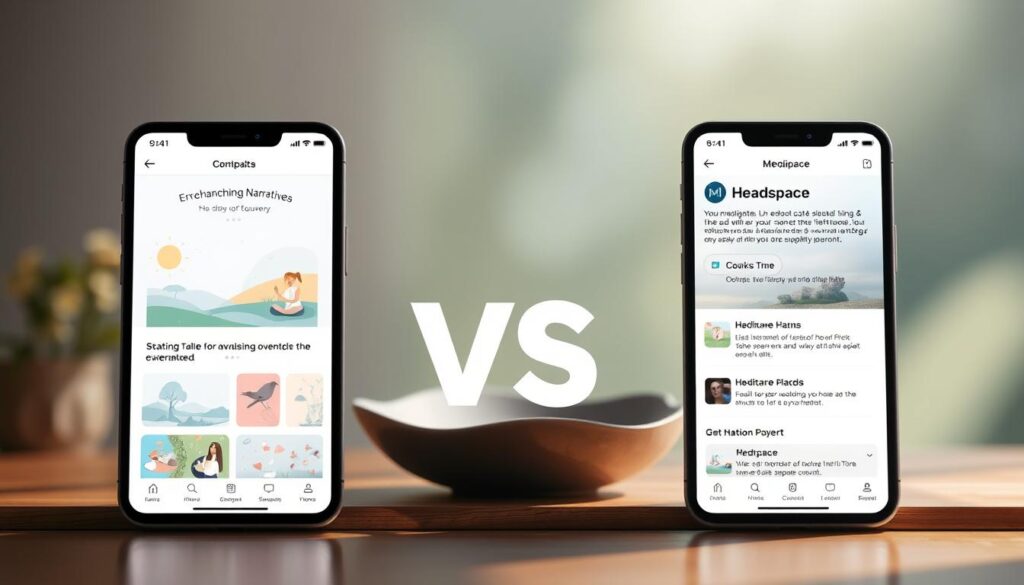 A serene comparison of two calming digital experiences - Lunesia's Enchanting Narratives and Headspace's Meditative Journeys. In the foreground, an inviting interface showcasing the distinctive styles of each app, with soothing color palettes and tranquil illustrations. In the middle ground, a thoughtful juxtaposition of the app's core features and user experiences, highlighting their unique approaches to fostering mindfulness and relaxation. The background features a softly blurred, nature-inspired setting, evoking a sense of peace and tranquility. Subtle lighting and a dreamy, atmospheric tone create an immersive and contemplative mood, guiding the viewer towards a deeper appreciation of the apps' abilities to facilitate personal growth and well-being.