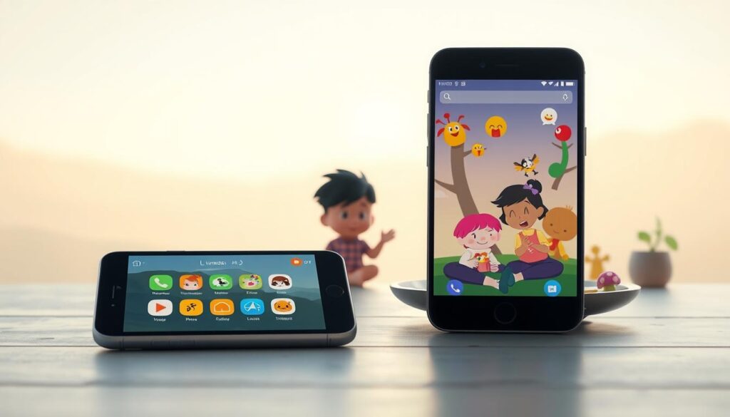 A serene daytime scene, contrasting the tranquil Lunesia app and the playful Moshi Kids universe. In the foreground, the Lunesia app's elegant UI with its calming color palette and soothing illustrations. In the middle ground, Moshi Kids characters engaged in whimsical activities, their vibrant designs and expressions creating a sense of youthful energy. The background features a soft, hazy landscape with gentle lighting, evoking a meditative atmosphere. The composition balances the opposing moods, highlighting the unique qualities of each app to support daytime focus and relaxation. Cinematic camera angle, high-quality photorealistic rendering.