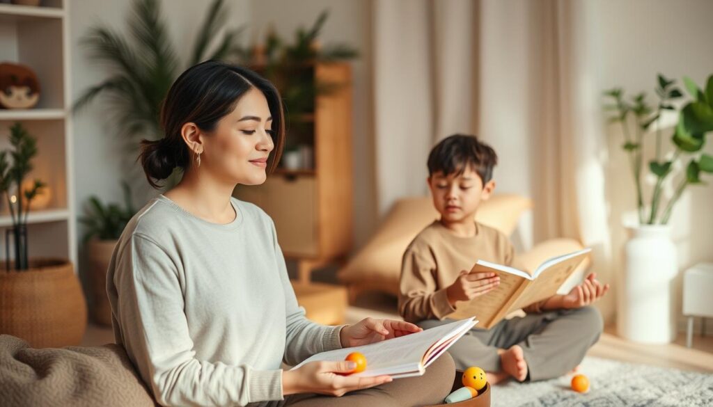 A serene indoor scene where a parent or teacher sits calmly with a child, sharing a moment of relaxation. The pair are in a cozy, softly lit room, surrounded by natural elements like plants, warm-toned textiles, and gentle lighting. The child is engaged in a calming activity like reading, coloring, or playing with tactile toys, while the adult models deep breathing or other mindfulness practices. The composition emphasizes their connection and the tranquil atmosphere, inviting the viewer to experience a sense of peace and restoration.