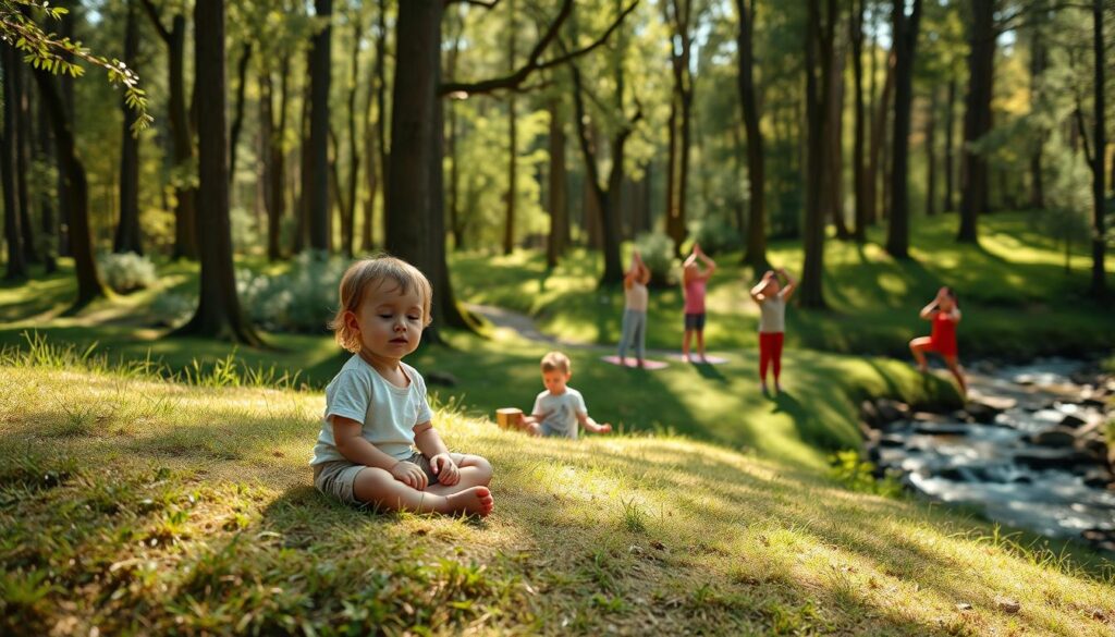 A serene, sun-dappled scene depicting age-specific recommendations for children's focus and calmness. In the foreground, a young child sits cross-legged on a soft, grassy knoll, their eyes closed in peaceful meditation. A nearby toddler plays with wooden blocks, engrossed in their task. In the middle ground, a group of elementary-aged children practice gentle yoga poses, their movements fluid and graceful. In the background, a tranquil forest landscape with towering trees and a winding stream sets a calming, natural backdrop. The overall lighting is soft and diffused, creating a sense of warmth and serenity. Captured with a wide-angle lens to encompass the full scope of the scene.