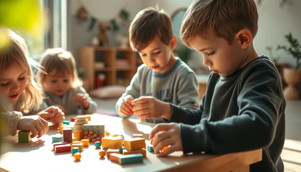 A serene, sun-dappled scene of children exploring hands-on fine motor skills development. In the foreground, a group of 5-year-olds engaged in a tactile, low-tech game, their small fingers deftly moving blocks, beads, and other textured objects. Warm, soft lighting bathes the scene, creating a sense of focus and concentration. In the middle ground, a child carefully constructs a small model, their brow furrowed in thoughtful determination. The background showcases an inviting, nature-inspired play space with minimal digital distractions, encouraging physical engagement and exploration. The overall mood is one of calm, deliberate learning through hands-on interaction.