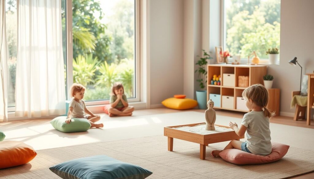 A serene, sun-lit children's playroom, with colorful floor cushions and meditation pillows scattered around, inviting young ones to sit and practice mindful breathing. Soft, filtered light casts a warm glow, creating a calming ambiance. In the background, a large window overlooks a lush, verdant garden, providing a natural, serene backdrop. A small, wooden table holds a selection of calming sensory objects, such as a mini water fountain and a zen sand garden, encouraging tactile exploration. The room emanates a sense of tranquility and focus, perfectly suited for introducing mindfulness to young, curious minds.