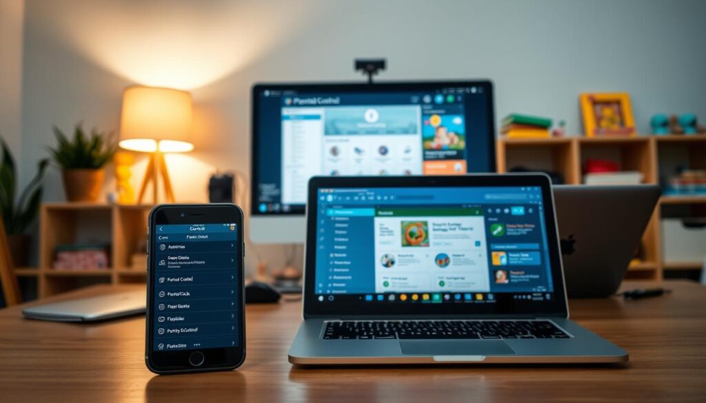 A serene, well-lit home office setting with a desk, laptop, and various parental control devices. In the foreground, a sleek smartphone and tablet display parental control menus and settings. In the middle ground, a modern desktop computer with a screen showcasing parental control software. The background features shelves with children's books and educational toys, conveying a sense of balance between technology and family-friendly content. Warm, diffused lighting illuminates the scene, creating a welcoming and secure atmosphere.