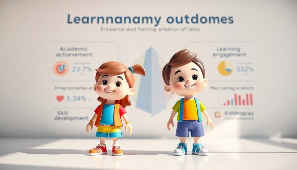 A side-by-side comparison of educational outcomes showcased in a clean, modern design. In the foreground, two stylized student icons representing Lunesia and Kiddopia, dressed in vibrant, playful attire. Behind them, a sleek infographic displaying key metrics like academic achievement, skill development, and learning engagement in a clear, easy-to-compare format. The background features a soft, gradient-based color scheme with subtle geometric shapes, creating a professional, data-driven atmosphere. Bright, natural lighting casts an inviting glow, while a close, eye-level camera angle emphasizes the detailed, high-quality presentation of the learning outcomes.
