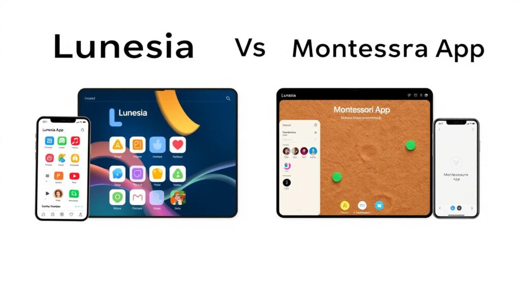A side-by-side comparison of the Lunesia and Montessori App interfaces, captured in a clean, minimalist aesthetic. The Lunesia app features a vibrant, nature-inspired color palette, with intuitive icons and a fluid, responsive layout. In contrast, the Montessori App boasts a more muted, earthy tone, emphasizing simplicity and focus on core functionalities. Both interfaces are framed against a soft, evenly lit backdrop, highlighting the subtle differences in design philosophy and user experience. The overall composition conveys a sense of balance, inviting the viewer to explore the nuances between these two educational technology solutions.