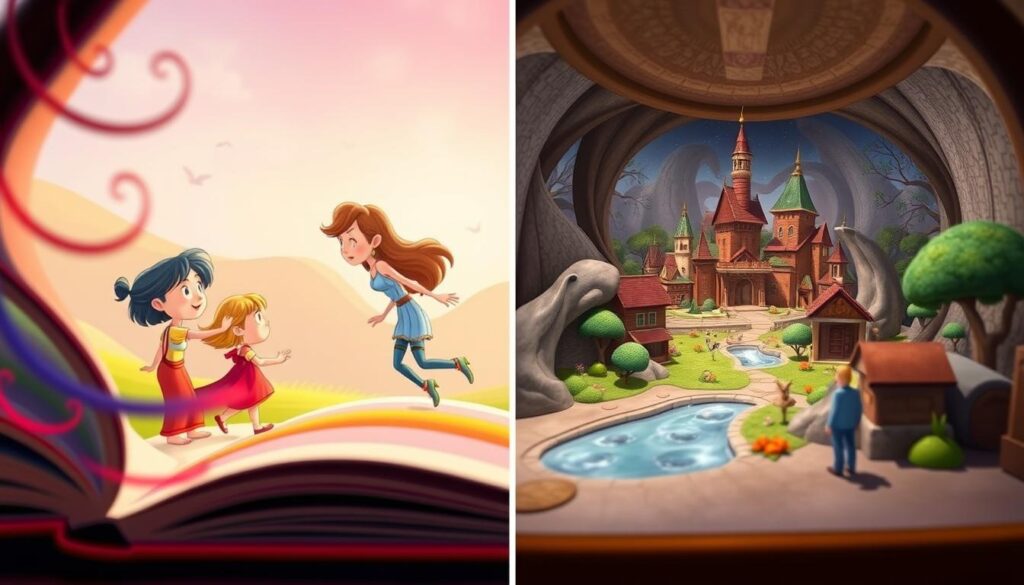 A side-by-side comparison of two distinct animation styles - the illustrated, page-turning aesthetic of Vooks and the interactive, 3D diorama of Lunesia. In the foreground, vibrant colors and fluid motion depict the dynamic interplay between characters, inviting the viewer to engage with the narratives. The middle ground showcases the contrasting visual approaches, with Vooks' hand-drawn illustrations juxtaposed against Lunesia's immersive, game-like environments. The background features a soft, dreamlike ambiance, emphasizing the whimsical and educational nature of these interactive experiences. Captured through a wide-angle lens, the scene offers a comprehensive view of the comparative animation styles, fostering a deeper understanding of the unique characteristics of each platform.