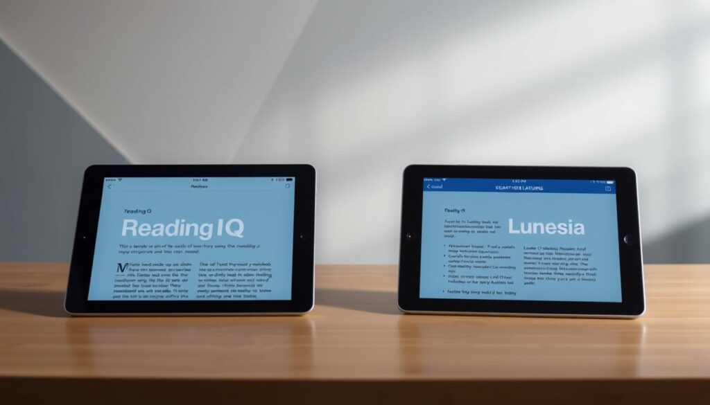 A sleek and modern digital reading platform comparison, showcasing the key features of ReadingIQ and Lunesia side by side. The foreground depicts two elegant tablet devices displaying the respective platform interfaces, with clean typography and intuitive navigation. The middle ground features a minimalist, geometric background with subtle gradients, highlighting the technological prowess of these digital reading solutions. The lighting is soft and diffused, creating a professional and polished atmosphere. The camera angle is slightly elevated, providing an overview of the comparison while maintaining a sense of balance and symmetry. The overall mood is one of clarity, innovation, and thoughtful user experience.