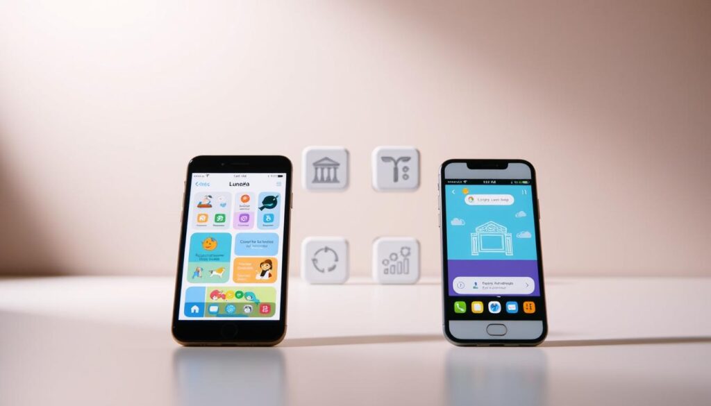 A sleek, minimalist comparison between the educational apps Lunesia and Kiddopia. In the foreground, two smartphone screens display the app interfaces, showcasing their distinct visual styles and learning activities. The middle ground features simplified icons and graphics representing the key features of each app. The background is a muted, gradient-based environment, emphasizing the educational and academic atmosphere. Soft, directional lighting creates depth and highlights the app screens, while a shallow depth of field keeps the focus on the core comparison. The overall mood is informative, engaging, and designed to visually support the "Pros and Cons: Lunesia vs Kiddopia" section of the article.