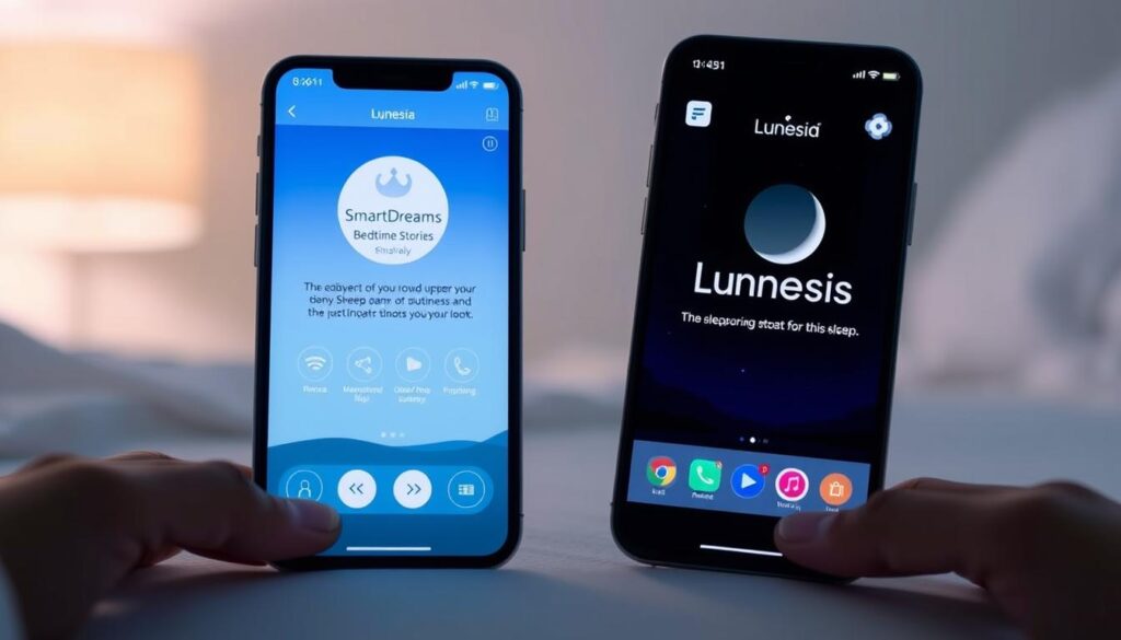 A sleek, modern comparison of two popular sleep apps, SmartDreams Bedtime Stories and Lunesia, displayed side-by-side on high-resolution smartphone screens. The apps' intuitive interfaces and calming, minimalist design elements are showcased in a well-lit, studio-style setting with soft, diffused lighting and a clean, uncluttered background. The screens display the key features of each app, inviting the viewer to assess their user experience and determine which one might be more effective for improving sleep quality. The overall mood is one of thoughtful, considered evaluation, guiding the viewer towards an informed decision.