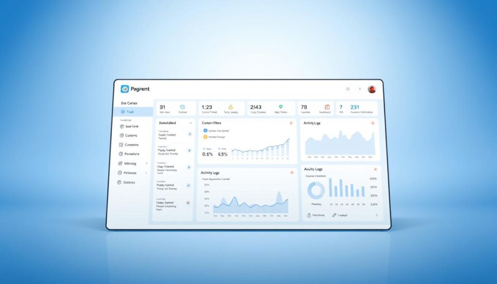 A sleek, modern dashboard with a clean, intuitive interface showcasing comprehensive parental control settings. The foreground features a central panel with customizable options for managing screen time, content filters, and app permissions. The middle ground displays detailed usage analytics and activity logs, presented in clear graphs and charts. The background subtly blends soothing shades of blue, evoking a sense of trust and security. Soft, diffused lighting creates a calming atmosphere, while the angled perspective suggests a sense of control and oversight. The overall design conveys a well-balanced, user-friendly experience for parents to confidently monitor and protect their family's digital activities.
