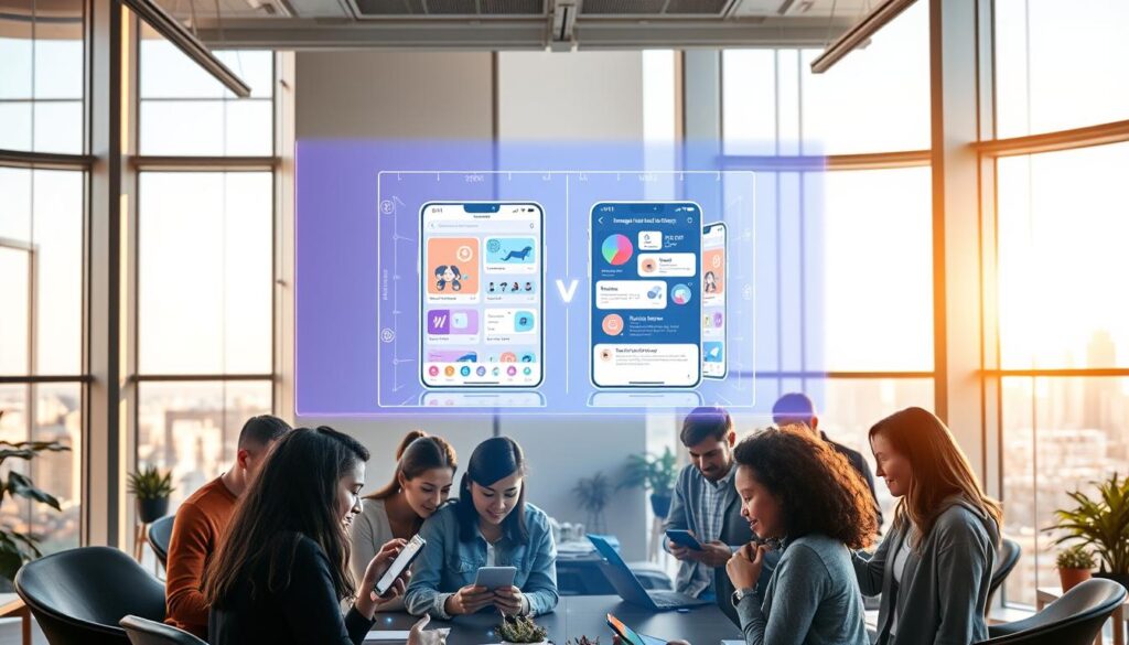 A sleek, modern office setting with large windows bathing the scene in warm, natural light. At the center, a holographic display showcases a side-by-side comparison of learning app interfaces, with Lunesia's dynamic, intuitive design prominently featured. The foreground shows a group of diverse, engaged users interacting with the apps on various devices, their expressions reflecting a sense of discovery and learning. The background features a city skyline, hinting at Lunesia's global reach and ambition to revolutionize the educational landscape. The overall atmosphere conveys a sense of technological innovation, productivity, and the future of interactive learning.