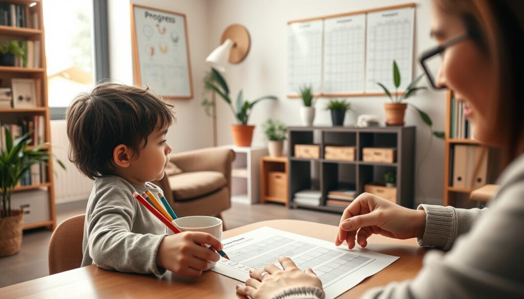 A softly lit, warm-toned home office scene. In the foreground, a child diligently works on a progress tracking worksheet, colorful pencils and a supportive parental hand in the frame. The middle ground shows a cozy armchair, a mug of hot tea, and a wall-mounted whiteboard with progress charts. The background features bookshelves, houseplants, and natural light filtering through a window, creating a nurturing, productive atmosphere. The overall impression is one of engaged, collaborative problem-solving between parent and child.