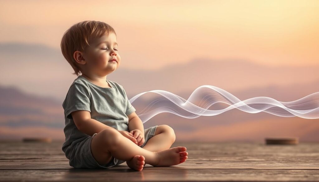 A tranquil scene of a young child sitting cross-legged on the ground, eyes closed, hands resting gently on their lap. Soft, warm lighting illuminates their serene expression, capturing the essence of emotional regulation development. In the middle ground, a flowing abstract representation of emotional waves, ebbing and flowing, visualizing the child's inner journey. The background is a soothing, pastel-hued landscape, evoking a sense of calm and introspection. The overall composition conveys a sense of balance, mindfulness, and the gradual unfolding of the child's emotional maturity.