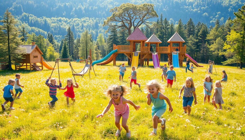 A vast, inviting playscape filled with whimsical interactive elements. Vibrant, sun-dappled meadows dotted with colorful play structures, from towering treehouse slides to swinging rope bridges. Laughing children clamber and explore, their faces alight with wonder. In the background, lush forest scenery frames the scene, casting a warm, natural glow. Soft, diffused lighting illuminates the adventurous, carefree atmosphere. The composition emphasizes depth and movement, drawing the viewer into the child-friendly world of discovery and delight.