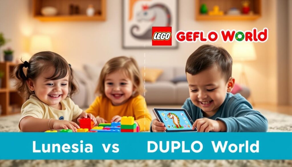 A vibrant and engaging comparison of Lunesia and LEGO DUPLO World, two leading interactive play apps for toddler development. In the foreground, two young children enthusiastically engage with brightly colored digital blocks and characters, their expressions animated with delight. The middle ground showcases a side-by-side display of the app interfaces, highlighting the intuitive designs and educational features. In the background, a warm, softly-lit setting evokes a cozy, inviting atmosphere, ideal for stimulating a child's creativity and curiosity. The scene conveys the value of these digital play experiences in fostering early learning, fine motor skills, and social-emotional development.