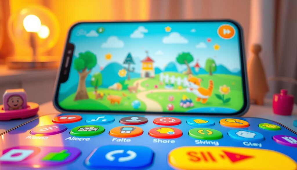 A vibrant and engaging kids app interface, featuring a colorful and playful design. The foreground showcases a variety of interactive icons and buttons, inviting young users to explore and engage with the app's features. The middle ground depicts a whimsical landscape, with animated characters and playful elements that capture the imagination. The background is bathed in warm, soft lighting, creating a cozy and welcoming atmosphere. The overall composition is balanced and visually appealing, ensuring a delightful and user-friendly experience for the app's target audience.
