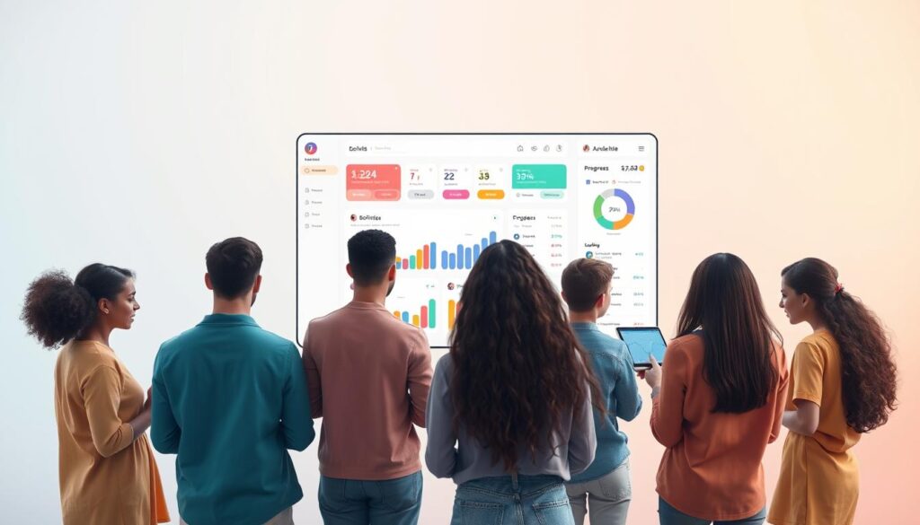 A vibrant and intuitive social skills app interface, showcasing a range of interactive features against a clean, minimalist backdrop. In the foreground, a group of diverse characters seamlessly engage with touchscreen controls, navigating through customizable profiles, progress tracking, and skill-building exercises. The middle ground features a sleek dashboard displaying colorful data visualizations and progress metrics, guiding users towards personalized learning goals. The background depicts a soft, diffused lighting scheme, evoking a sense of calm and focus, ideal for fostering productive social skill development. The overall composition conveys a sense of empowerment, connection, and guided growth, capturing the essence of a transformative digital tool for social skills improvement.