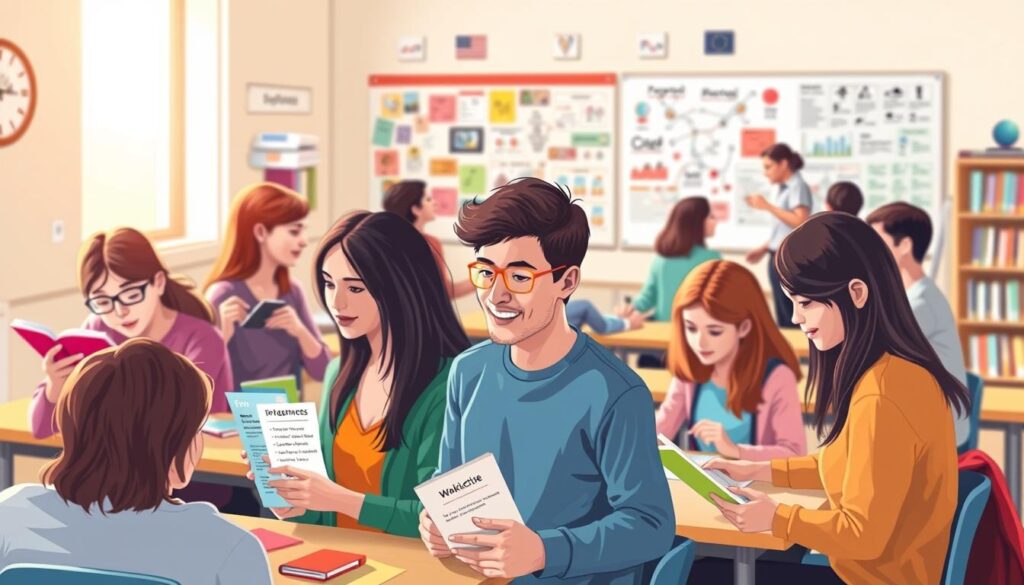 A vibrant, colorful illustration depicting the diverse learning styles of language students. In the foreground, a group of students engage in hands-on activities like flashcard games, role-playing, and interactive software. The middle ground showcases a mix of visual aids, such as mind maps, infographics, and language charts. In the background, a softly blurred classroom setting with textbooks, whiteboards, and a teacher guiding the class. The lighting is warm and inviting, creating a sense of engaged, collaborative learning. The overall mood is one of exploration, discovery, and personalized approaches to mastering a new language.