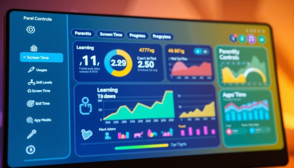 A vibrant, digital dashboard displaying parental controls and progress tracking. In the foreground, interactive icons and sliders allow parents to monitor and manage children's usage, screen time, and app access. In the middle ground, colorful graphs and charts depict learning progress, skill levels, and engagement over time. The background features a soothing gradient with soft geometric shapes, creating a modern, tech-savvy atmosphere. Warm, directional lighting adds depth and dimension, while a shallow depth of field focuses the viewer's attention on the data-rich interface. This image conveys the idea of empowered, hands-on parenting in the digital age.