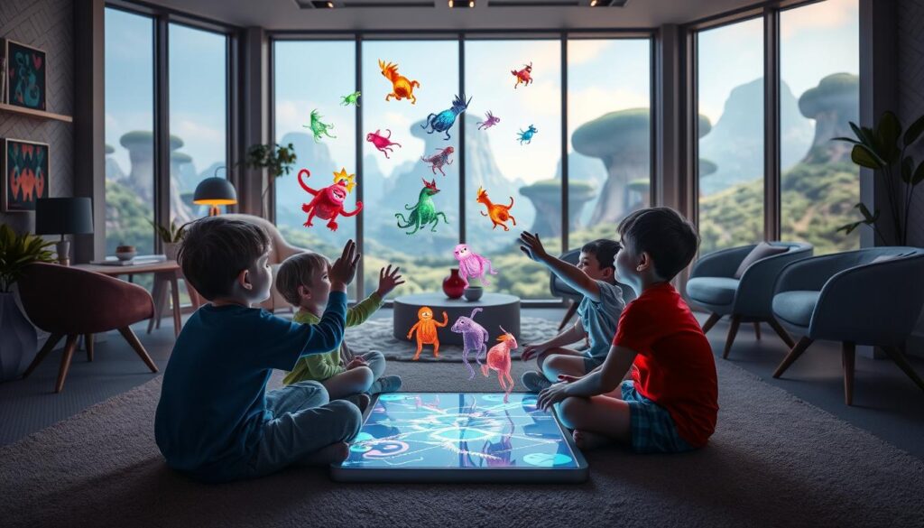 A vibrant, engaging scene depicting children deeply immersed in the Lunesia game world. In the foreground, a group of 5-year-olds sit cross-legged, their faces lit by the glow of a large, holographic display. Colorful, fantastical creatures dance and interact with the enraptured children, who reach out to touch the virtual beings. In the middle ground, a mix of modern and futuristic furniture creates a cozy, playful environment. Soft, diffused lighting fills the room, creating a sense of wonder and imagination. In the background, large windows offer glimpses of a lush, alien landscape, hinting at the boundless possibilities of the Lunesia universe. The overall mood is one of pure, childlike engagement and delight.