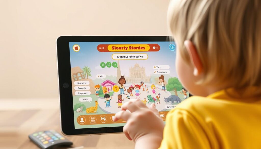 A vibrant, photorealistic scene showcasing the user interface and interactive elements of the "Social Stories Creator" app. In the foreground, a young child interacts with a tablet device, exploring a narrative-driven social scenario. The middle ground features a diverse array of characters and environments, meticulously rendered to illustrate the app's customizable content. The background provides a soft, blurred backdrop, emphasizing the focus on the interactive experience. The lighting is natural and diffused, creating a warm, inviting atmosphere. The camera angle is slightly elevated, offering a dynamic perspective that captures the essence of the app's engaging and educational nature.