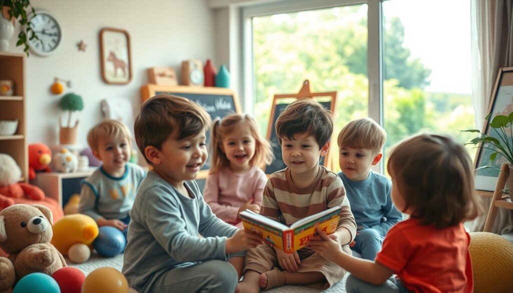 A vibrant scene of young children engaged in narrative play, set against a warm, inviting backdrop. In the foreground, a group of kids animatedly act out a story, their expressions and gestures full of imagination and wonder. The middle ground features a cozy playroom with plush toys, art supplies, and a chalkboard where ideas come to life. Soft, natural lighting filters in, creating a sense of gentle exploration and discovery. In the background, a serene outdoor setting with lush greenery and a sun-dappled sky, hinting at the boundless possibilities of childhood creativity. The overall atmosphere conveys the joy, curiosity, and transformative power of narrative play in early childhood development.
