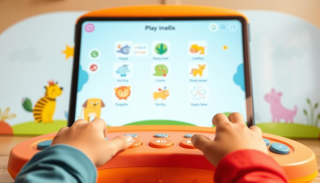 A vibrant, user-friendly interface designed for young children, featuring playful icons, bold colors, and intuitive navigation. The foreground showcases simplified controls and interactive elements tailored to small hands and developing cognitive abilities. The middle ground presents a clean, uncluttered layout with large, easy-to-tap buttons. The background incorporates whimsical illustrations, such as colorful animals or friendly characters, creating an engaging and delightful visual experience. Warm, soft lighting illuminates the scene, conveying a sense of comfort and approachability. The overall atmosphere is one of simplicity, joy, and accessibility, making the interface welcoming and inviting for early learners.