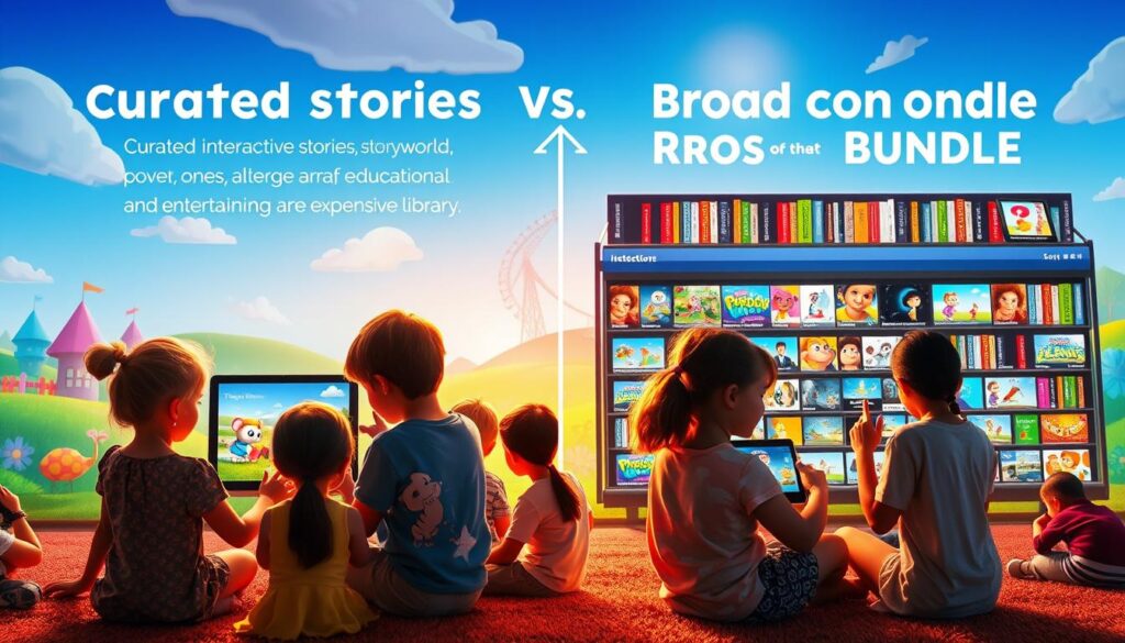 A vibrant, visually engaging comparison of curated interactive stories versus a broad content bundle. In the foreground, two groups of children engaged in digital experiences - one immersed in a richly illustrated, imaginative storyworld, the other exploring a diverse array of educational and entertaining content. The middle ground showcases the contrasting platforms, one streamlined and tailored, the other an expansive library. The background depicts a whimsical, colorful landscape, hinting at the depth of experiences available. Bright, evocative lighting illuminates the scene, creating a sense of wonder and discovery. Captured through a wide-angle lens, the composition conveys the scope and scale of the content comparison.