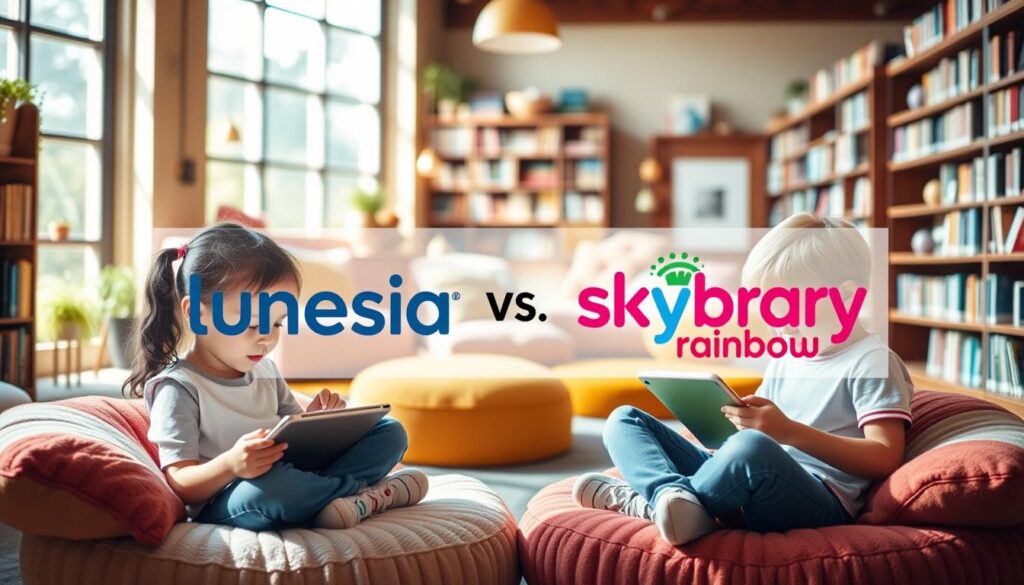 A vibrant, well-lit digital library comparison scene. In the foreground, two young readers sit comfortably on plush cushions, engrossed in ebooks displayed on their tablets. The middle ground showcases two contrasting digital reading platform logos, "Lunesia" and "Skybrary (Reading Rainbow)", presented in a side-by-side layout. The background features a cozy, immersive environment with bookshelves, reading nooks, and natural lighting streaming through large windows, creating a welcoming atmosphere for young learners. The scene conveys a sense of discovery, exploration, and the joy of digital reading.