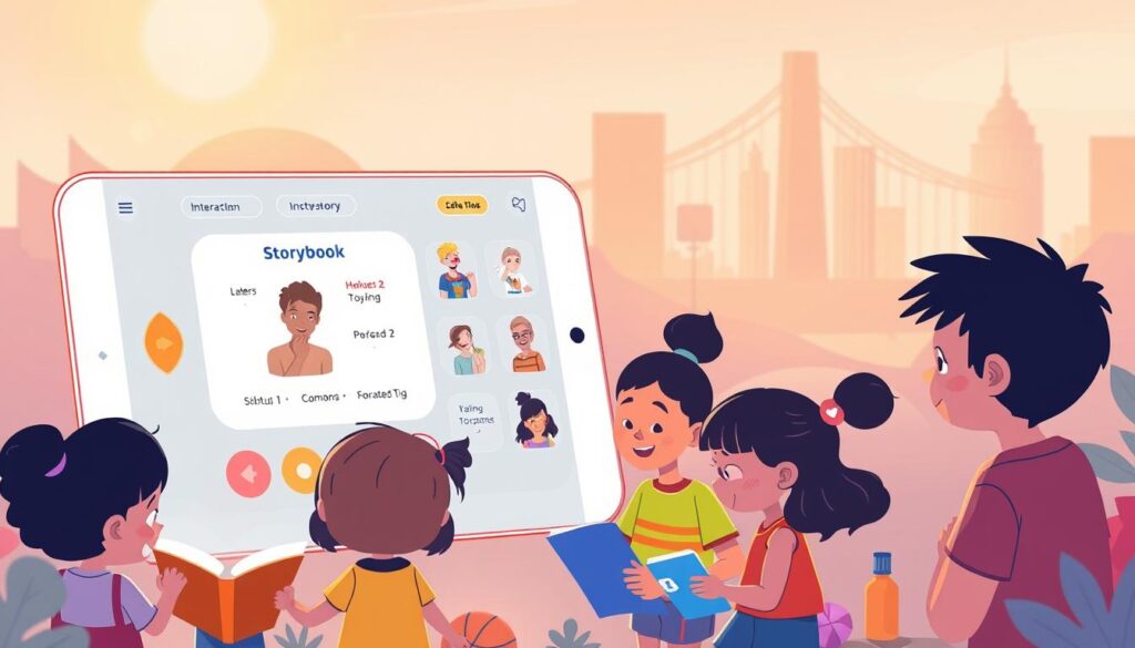A vibrant, whimsical illustration of a modern story app interface designed for children. In the foreground, a group of diverse child characters engage with interactive elements like storybook pages, animated characters, and intuitive controls. The middle ground showcases a clean, colorful UI with playful typography and playful icons. In the background, a warm, soft-focus cityscape or natural landscape sets a serene, welcoming atmosphere. The lighting is warm and inviting, with a slight soft-focus effect to draw the eye to the central characters and UI. The overall mood is one of delight, wonder, and the joy of storytelling for young minds.