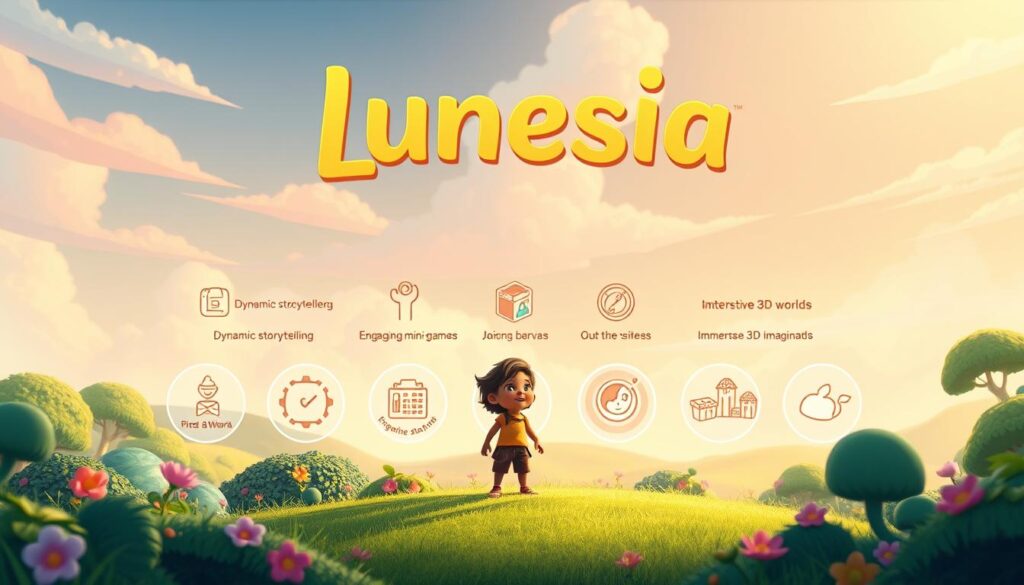 A vibrant, whimsical illustration showcasing the key features of the Lunesia story app. In the foreground, an animated character stands amid a lush, fantastical landscape, inviting the viewer to explore. The middle ground features a series of interactive icons representing the app's capabilities - dynamic storytelling, engaging mini-games, and immersive 3D worlds. In the background, a dreamlike sky with soft, pastel clouds creates a sense of wonder and imagination. The lighting is warm and magical, conveying the app's ability to spark creativity and inspire young minds. The overall composition is balanced and compelling, drawing the viewer into the enchanting world of Lunesia.