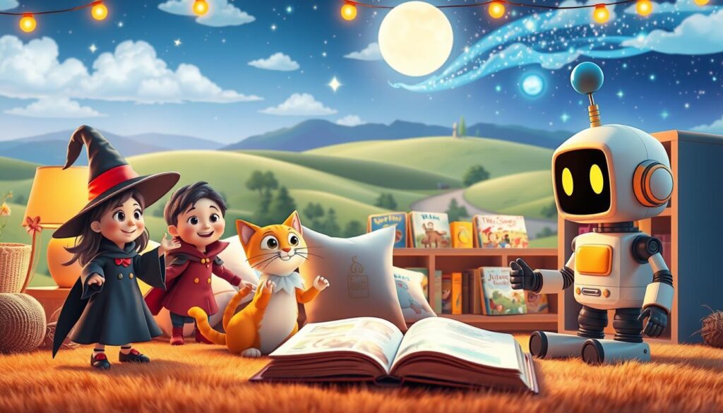 A vibrant, whimsical scene depicting interactive storytelling elements for preschoolers. In the foreground, a group of animated characters - a friendly witch, a curious cat, and a playful robot - engaged in a lively storybook adventure, their expressions and gestures inviting young viewers to join them. In the middle ground, a cozy reading nook with plush pillows and a bookshelf of illustrated tales, bathed in warm, soft lighting. In the background, a fantastical landscape of rolling hills, clouds, and a magical night sky, creating a sense of wonder and enchantment. The overall mood is captivating, engaging, and tailored to capture the attention and imagination of preschool-aged children.