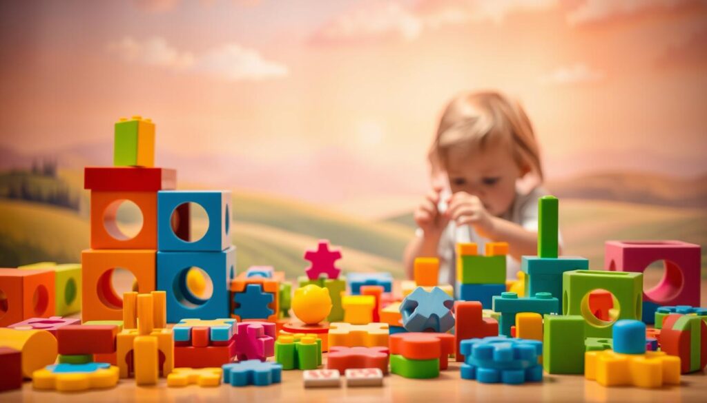 A vibrant, whimsical scene depicting the complexity of games suitable for young children. In the foreground, a group of brightly colored toy blocks, shapes, and puzzles arranged in a playful, modular fashion, inviting hands-on exploration. In the middle ground, a child's hands engaged with the toys, showcasing the tactile, interactive nature of the gameplay. The background features a soft, dreamlike landscape with gentle hills, a pastel-hued sky, and a sense of boundless imagination. Warm, diffused lighting casts a soothing, educational ambiance, emphasizing the developmental value of these engaging, age-appropriate games.