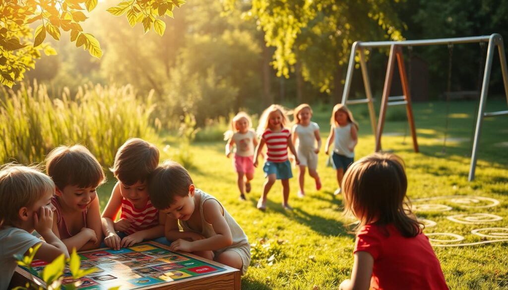 A vibrant, whimsical scene of children engaged in classic offline games on a sunny day. In the foreground, a group of children huddled around a board game, their faces alight with concentration. In the middle ground, a cluster of kids playing jump rope, their laughter echoing through the lush, verdant setting. In the background, a swing set and a hopscotch grid, inviting further exploration and play. The warm, golden lighting casts a soft glow, evoking a sense of comfort and nostalgia. The overall composition captures the joy, simplicity, and accessibility of timeless offline games, reflecting the theme of "Offline Capabilities and Accessibility".