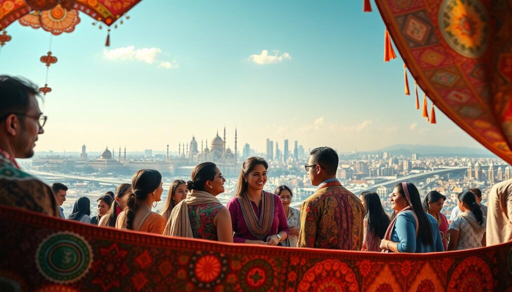 A visually stunning scene showcasing the rich cultural diversity of our global community. In the foreground, an intricate tapestry of vibrant patterns and symbols representing the distinct traditions and beliefs of people from around the world. In the middle ground, a group of individuals from diverse backgrounds engaged in animated conversation, their faces alight with the exchange of ideas and perspectives. In the background, a panoramic vista of iconic landmarks and architectural wonders, serving as a testament to the shared human experience that transcends borders. The lighting is warm and inviting, casting a soft, natural glow that enhances the sense of interconnectedness. The composition is balanced and harmonious, inviting the viewer to immerse themselves in the global narrative.