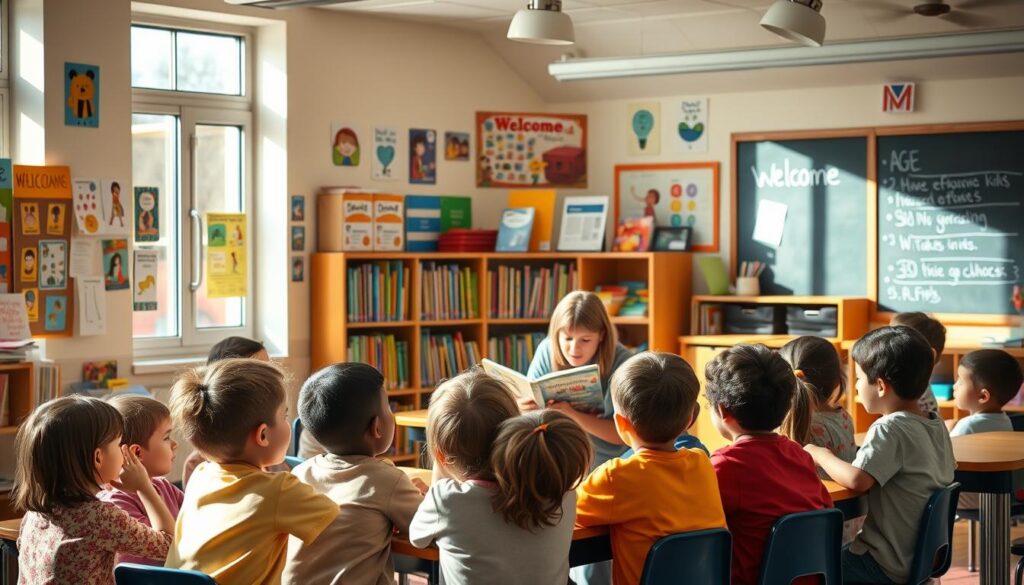 A warm and welcoming classroom setting, filled with vibrant educational posters and engaging learning materials. In the foreground, a diverse group of children, ranging from young elementary to early middle school age, are gathered around a teacher's desk, engrossed in a captivating storytelling session. Soft, natural lighting filters in through large windows, casting a gentle glow over the scene. The middle ground features colorful bookshelves, neatly organized by age-appropriate reading levels, while the background showcases a chalkboard displaying a cheerful "Welcome" message. The overall atmosphere exudes a sense of curiosity, learning, and age-appropriate content tailored to the diverse needs of the students.