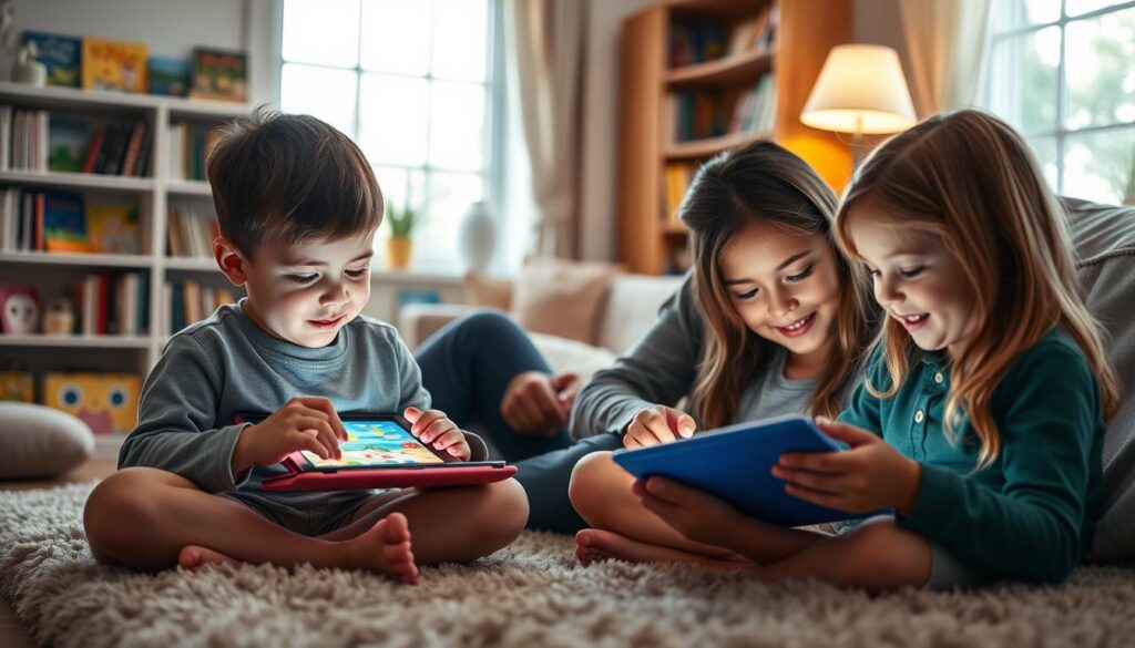 A warm, cozy living room filled with children engaged in interactive stories on touchscreen devices. The foreground features two young siblings, boy and girl, excitedly tapping and swiping on their colorful storybook apps, their faces lit by the soft glow of the screens. In the middle ground, a parent sits nearby, observing and guiding them, a serene smile on their face. The background showcases a bookshelf brimming with children's books, a plush rug, and a window providing natural light, creating a comfortable, inviting atmosphere. The lighting is soft and diffused, evoking a sense of wonder and imagination. The overall mood is one of familial togetherness, learning, and the joy of storytelling in the digital age.