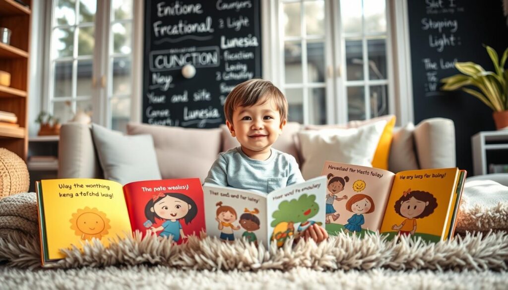 A warm, cozy living room scene with a young child sitting on a plush rug, surrounded by colorful interactive storybooks from the Lunesia series. The child's face is expressive, conveying a range of emotions as they explore the books. Soft, natural lighting filters through large windows, creating a serene and inviting atmosphere. In the background, a chalkboard wall displays words and illustrations that represent the emotional vocabulary taught in the Lunesia stories. The overall composition evokes a sense of wonder, learning, and the nurturing environment fostered by Lunesia's interactive tales.