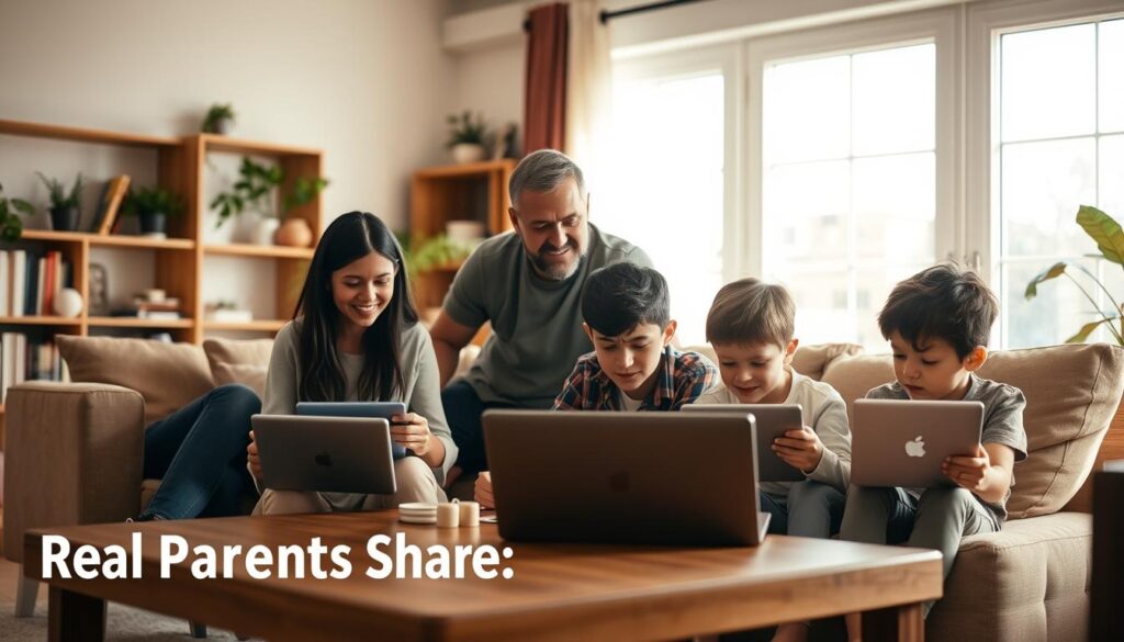 A warm, cozy living room with a family gathered around a coffee table, children intently focused on their tablets and laptops. Soft, natural lighting filters through large windows, creating a serene, inviting atmosphere. The parents watch over their kids, expressions of pride and contentment on their faces. In the background, a bookshelf and indoor plants add a sense of homeliness. The scene exudes a feeling of togetherness and meaningful connection, capturing the essence of "Real Parents Share: Success Stories with Lunesia".