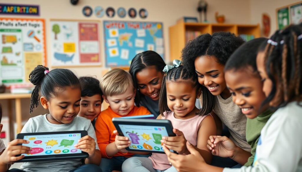 A warm, inviting classroom scene with a group of diverse children engaged in an educational app on their tablets. The foreground features the children's faces, their expressions focused and curious as they navigate the app's colorful, intuitive interface. In the middle ground, the teacher moves between them, guiding and supervising their interactions. The background showcases educational posters, bookshelves, and subtle parental involvement, creating a safe, nurturing environment. The lighting is soft and natural, with a gentle emphasis on the children's activities. The overall atmosphere conveys a sense of learning, discovery, and attention to privacy and content considerations.