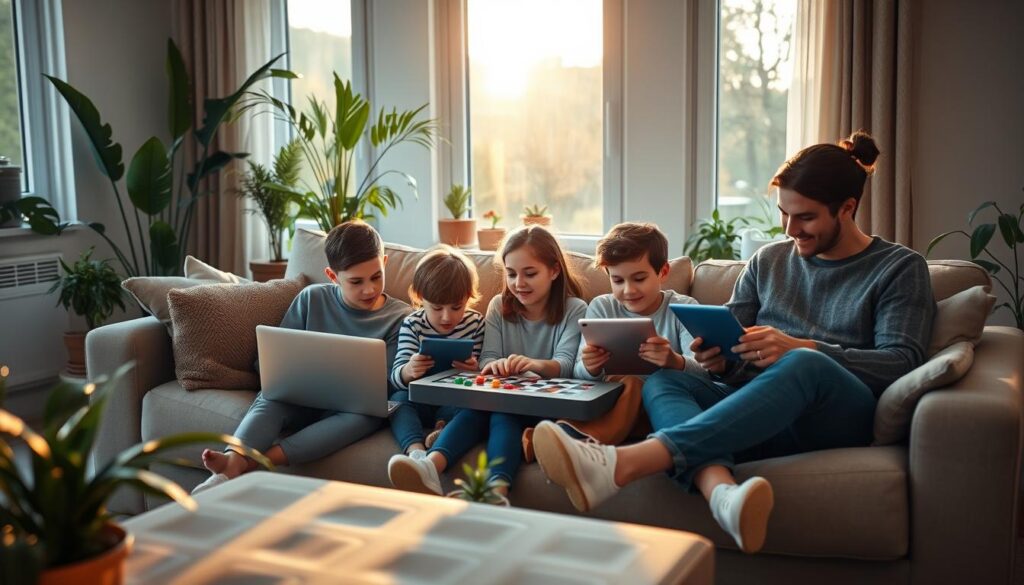 A warm, inviting living room scene with a family of four - two parents and two children - engaged in various healthy digital activities. The parents and children are seated on a plush sofa, surrounded by plants and natural light pouring in through large windows. The parents are guiding the children, who are using tablets and laptops, while also sharing a board game together. An air of contentment and balance permeates the space, conveying the idea of meaningful, guilt-free screen time. The lighting is soft and natural, with a golden hour glow, and the camera angle is slightly elevated to capture the entire scene. The overall mood is one of tranquility, connection, and a sense of digital well-being.