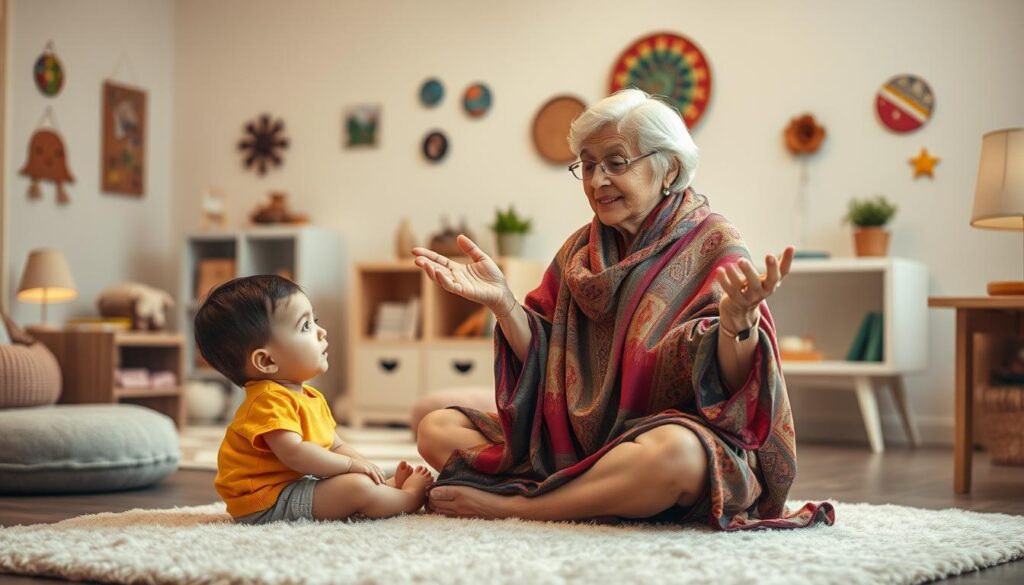 A warm, softly lit children's room with cozy furniture and captivating wall decor. In the foreground, a young child sits cross-legged on a plush rug, eyes fixed on an elderly woman dressed in a flowing, vibrant shawl. She gestures animatedly, her face alight with a serene, inviting expression as she tells a captivating story. The atmosphere is one of tranquility and wonder, inviting the viewer to be transported into the enchanting world of Lunesia's calming storytelling method.