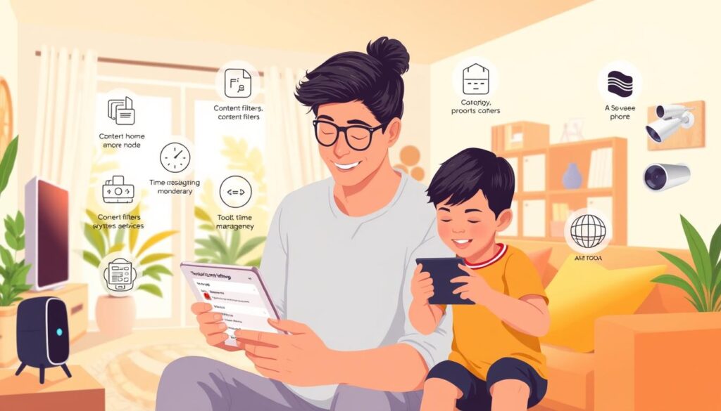 A warm-toned, digital illustration depicting a vibrant, serene home interior with a modern family engaging with various parental control features. In the foreground, a parent and child collaboratively navigate a tablet interface showcasing customizable settings, content filters, and time management tools. The middle ground features an array of smart home devices, from a voice assistant to a security camera, all seamlessly integrated. The background portrays a cozy living space with natural lighting, earthy tones, and plants, conveying a sense of balance and mindful digital parenting.