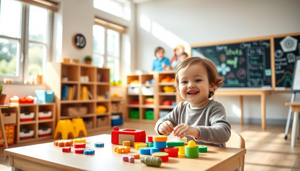 A warm, welcoming classroom setting with natural lighting streaming through large windows. In the foreground, a young child sits at a small desk, intently engaged with colorful educational toys and manipulatives, their face expressing joy and concentration. The middle ground features a neatly organized bookshelf and learning aids, while the background showcases a chalkboard or whiteboard displaying vibrant, age-appropriate illustrations. The overall atmosphere conveys a sense of exploration, discovery, and a nurturing environment that fosters a child's unique learning style.