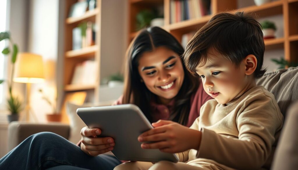 A warm, well-lit interior scene of a living room or study. In the foreground, a parent sits on a couch, guiding their child through an educational app on a tablet. The child's face is engaged and animated, their eyes focused on the screen. Soft, indirect lighting casts a gentle glow, creating a cozy, nurturing atmosphere. In the background, bookshelves and plants suggest an environment conducive to learning and exploration. The overall impression is one of active collaboration and parental involvement in the child's educational journey through digital means.
